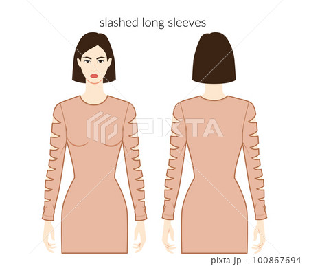 Slashed sleeves long length clothes character beautiful lady in nude top, shirt dress technical fashion illustration 100867694