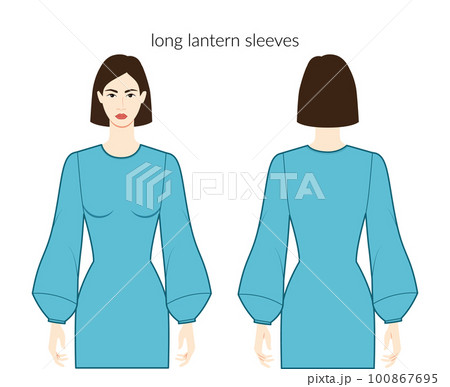 Lantern sleeves long length clothes character beautiful lady in blue top, shirt, dress technical fashion illustration 100867695
