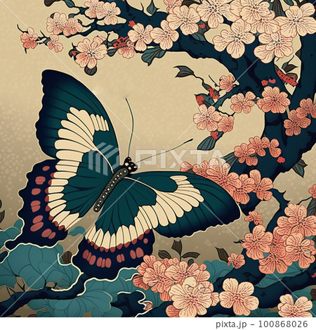 浮世絵風の蝶とピンクの花が咲く木のイラスト素材 [100868026