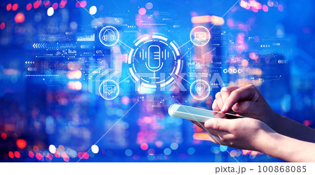 Podcast theme with person using a smartphone at night Podcast theme with person using a smartphone at night 100868085