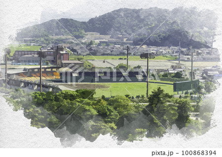 水彩画風　彦根城からの眺望　オセアンBCスタジアム彦根(滋賀県立彦根球場)　滋賀県彦根市 100868394