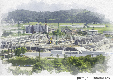 水彩画風　彦根城からの眺望　金亀公園第1種陸上競技場　滋賀県彦根市 100868425