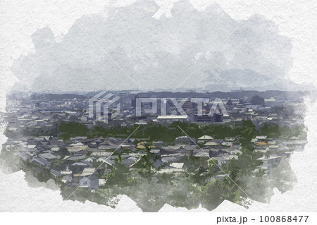 水彩画風 彦根城からの眺望 彦根市街地 滋賀県彦根市 水彩画風 彦根城からの眺望 彦根市街地 滋賀県彦根市 100868477