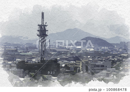 水彩画風　彦根城からの眺望　彦根市街地　滋賀県彦根市 100868478