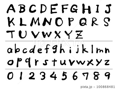 黒いインクでラフに書いたアルファベットと数字のセット 100868481