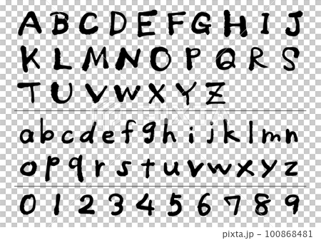 黒いインクでラフに書いたアルファベットと数字のセット 100868481