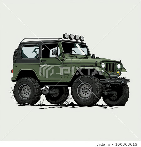 グリーンの四輪駆動車、フロントヘッドにライトがついている グリーンの四輪駆動車、フロントヘッドにライトがついている 100868619