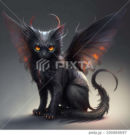 背中に生えた悪魔のような黒い羽と長い尻尾を持つ黒猫のような ..., 画像サイズ:450x469