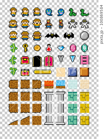Action game style pixel art set 100869584