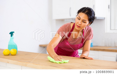 Woman cleaning table with rag at home Woman cleaning table with rag at home 100869901