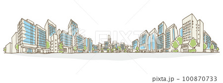 ビルが並ぶ街並みのイラスト. 手描きスタイル.  100870733