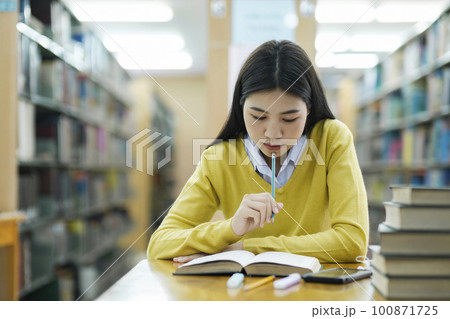 Student studying at library. 100871725