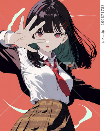 手を開いて前に出す仕草の女子生徒 アニメ風イラスト「AI生成画像」の