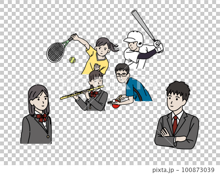 クラブ活動、部活を決める学生、男女のイラスト 100873039