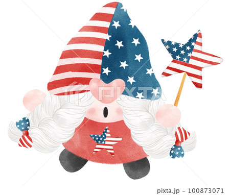 cute festive fun 4th of July Gnome watercolour celebrating America Independence freedom day cartoon hand drawing 100873071