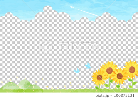 Landscape illustration with summer thundercloud and sunflower field 100873131