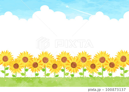 夏の入道雲と飛行機雲のあるヒマワリ畑の風景イラスト 100873137
