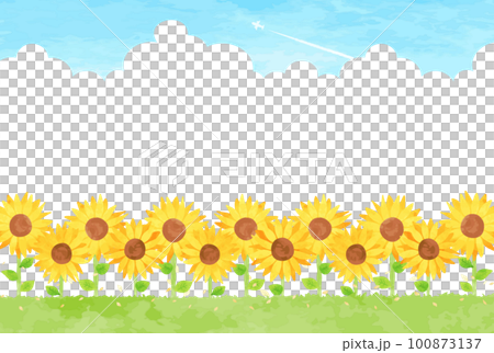 夏の入道雲と飛行機雲のあるヒマワリ畑の風景イラスト 100873137