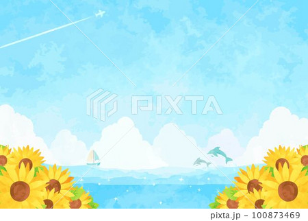 海とひまわり畑と青空の風景イラスト 海とひまわり畑と青空の風景イラスト 100873469