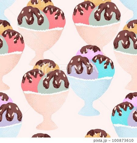 Hand drawn seamless pattern of ice cream in cup bowl, retro vintage style. Pink mint yellow round shape with chocolate, sweet tasty summer holiday food, fun design for colorful beach art. Hand drawn seamless pattern of ice cream in cup bowl, retro vintage style. Pink mint yellow round shape with chocolate, sweet tasty summer holiday food, fun design for colorful beach art. 100873610