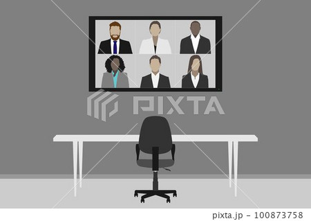 Empty meeting room with one seat video conference on TV screen - Work from home concept Empty meeting room with one seat video conference on TV screen - Work from home concept 100873758
