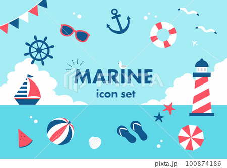 夏の海のベクターイラストアイコンセット(マリンの素材) 100874186