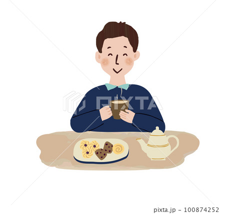 おやつを食べてリラックスする男性 100874252