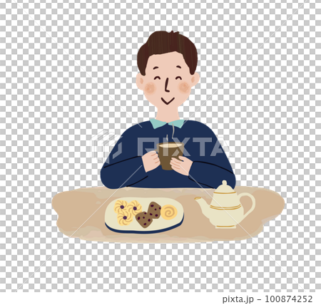 おやつを食べてリラックスする男性 100874252