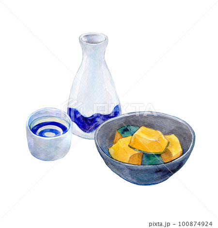 日本酒とカボチャの煮付け　水彩イラスト 100874924