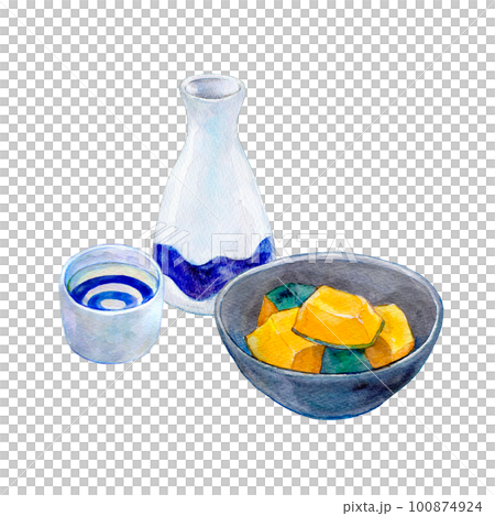 日本酒とカボチャの煮付け　水彩イラスト 100874924