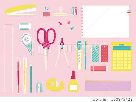 カラフルな文房具のイラストセット 100875428