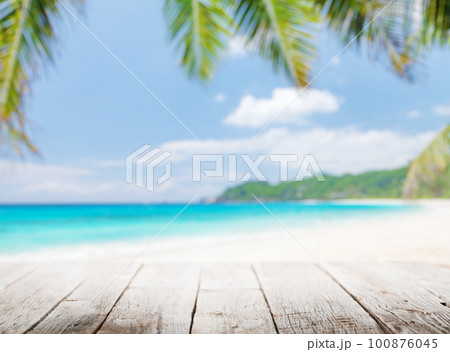 Empty wooden table or pier with sunny beach and sea Empty wooden table or pier with sunny beach and sea 100876045