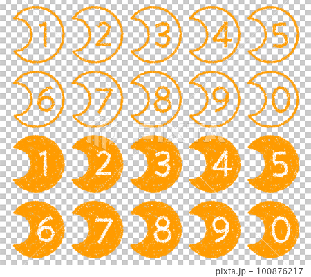 手描きのクレヨン素材　三日月形の数字アイコンセット 100876217