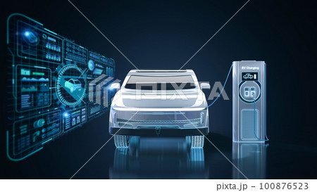 Ev car or electric vehicle plug in with recharging station display graphic interface 100876523