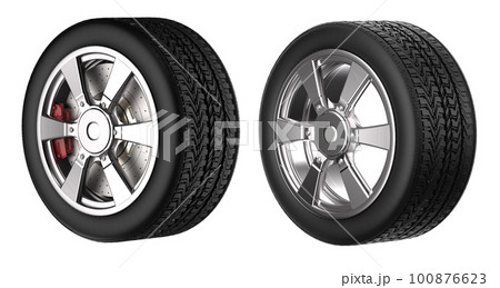Black tire with metallic wheel isolated on white Black tire with metallic wheel isolated on white 100876623