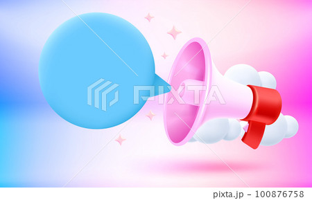 Speech cloud with megaphone. Promotion concept. 3d vector banner with copy space Speech cloud with megaphone. Promotion concept. 3d vector banner with copy space 100876758