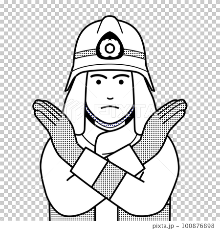 両腕をクロスさせて禁止の意思を表す消防士 100876898