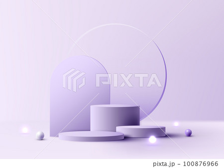 3D realistic empty studio room group of purple cylinder podium stand transparency glass circle backdrop 100876966
