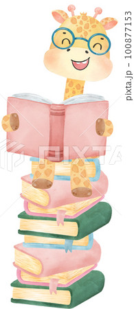 cute happy giraffe kid animal back to school with bag and books, children watercolour illustration cute happy giraffe kid animal back to school with bag and books, children watercolour illustration 100877153
