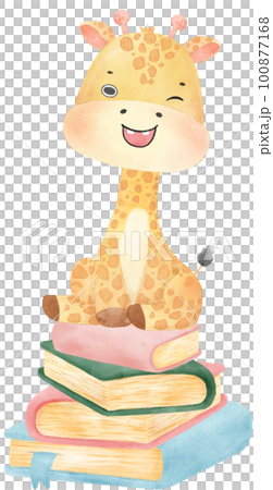 cute happy giraffe kid animal back to school with bag and books, children watercolour illustration cute happy giraffe kid animal back to school with bag and books, children watercolour illustration 100877168