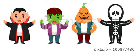 Halloween character vector set. Kids cartoon wearing Halloween costumes. 100877430