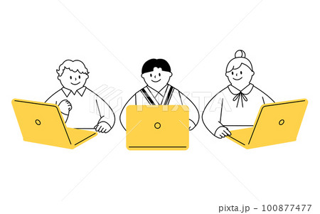 ノートパソコンを使う3人の学生たちのベクターイラスト。 100877477