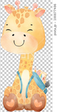 cute happy giraffe kid animal back to school with bag and books, children watercolour illustration 100877486