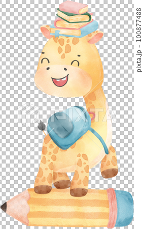 cute happy giraffe kid animal back to school with bag and books, children watercolour illustration 100877488