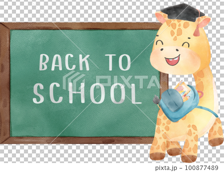 cute happy giraffe kid animal back to school with bag and books, children watercolour illustration 100877489