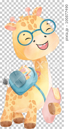 cute happy giraffe kid animal back to school with bag and books, children watercolour illustration 100877490
