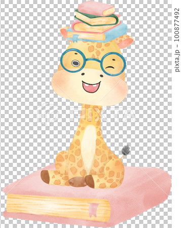 cute happy giraffe kid animal back to school with bag and books, children watercolour illustration 100877492