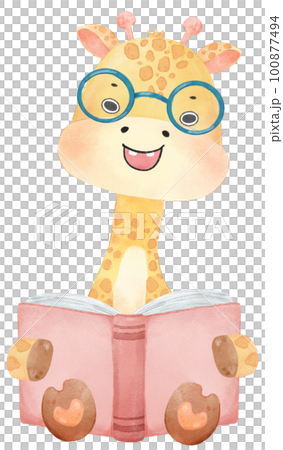 cute happy giraffe kid animal back to school with bag and books, children watercolour illustration 100877494