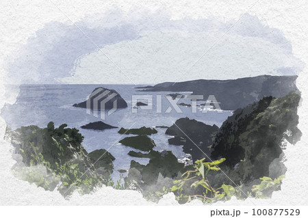 水彩画風　串本　紀伊大島の熊野灘　和歌山県串本町 100877529