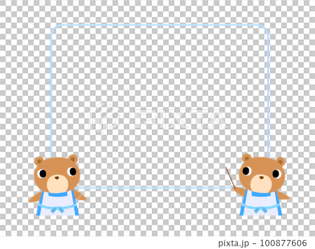 A bear in an apron who guides, a speech bubble, a square frame A bear in an apron who guides, a speech bubble, a square frame 100877606
